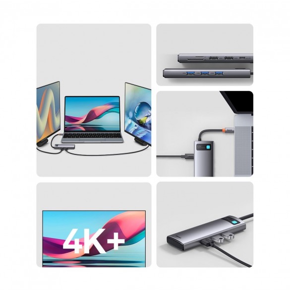 Baseus Metal Gleam Series 8 in 1 USB Typ C HUB-dockningsstation - 1 x HDMI / 3 x USB 3.2 Gen. 1 / 1 x Strömförsörjning / 1 x SD-