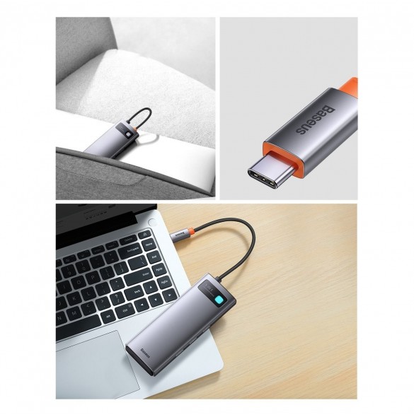 Baseus Metal Gleam Series 8 in 1 USB Typ C HUB-dockningsstation - 1 x HDMI / 3 x USB 3.2 Gen. 1 / 1 x Strömförsörjning / 1 x SD-