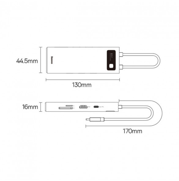 Baseus Metal Gleam Series 8 in 1 USB Typ C HUB-dockningsstation - 1 x HDMI / 3 x USB 3.2 Gen. 1 / 1 x Strömförsörjning / 1 x SD-
