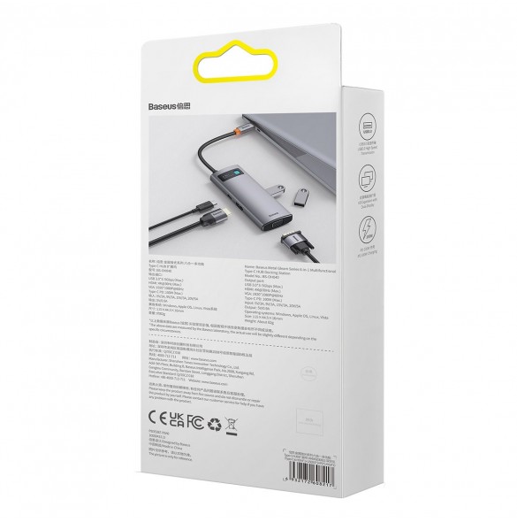 Baseus Metal Gleam Series HUB 6-i-1 dockningsstation USB Typ C - 1 x HDMI / 3 x USB 3.2 Gen. 1 / 1 x Strömförsörjning / 1 x VGA