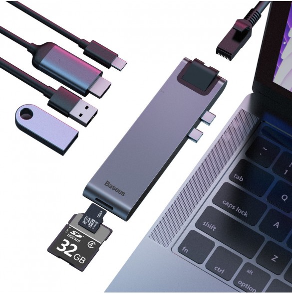 Baseus Multifunctional HUB 7in1 USB C Thunderbolt Dockningsstation (MacBook Pro 2016/2017/2018) grå