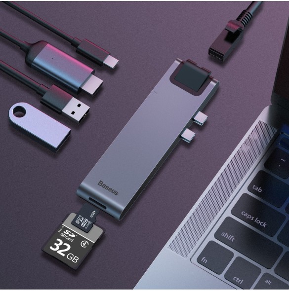 Baseus Multifunctional HUB 7in1 USB C Thunderbolt Dockningsstation (MacBook Pro 2016/2017/2018) grå
