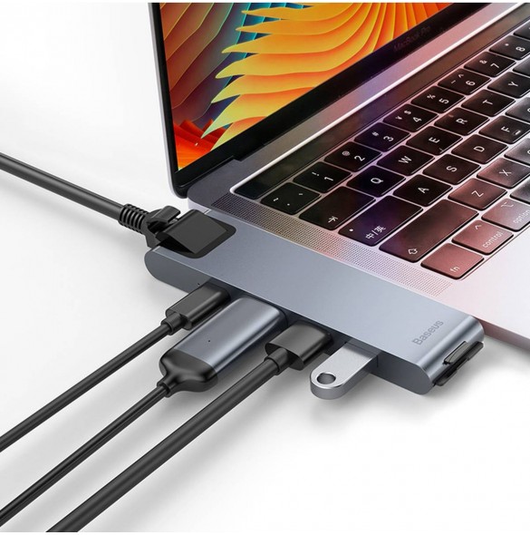 Baseus Multifunctional HUB 7in1 USB C Thunderbolt Dockningsstation (MacBook Pro 2016/2017/2018) grå