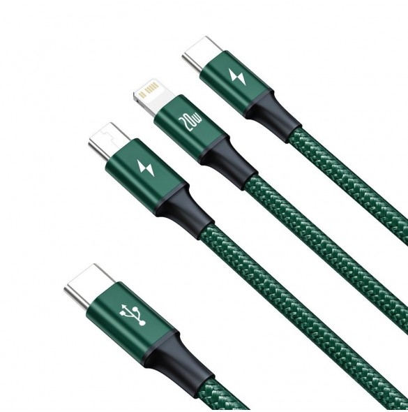 Baseus Rapid 3in1 USB Typ C - USB Typ C / Lightning / micro USB-kabel 20 W 1,5 m grön (CAMLT-SC06)