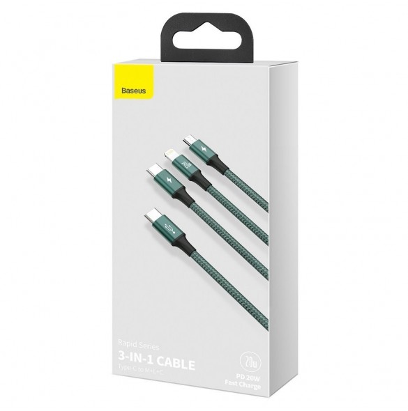 Baseus Rapid 3in1 USB Typ C - USB Typ C / Lightning / micro USB-kabel 20 W 1,5 m grön (CAMLT-SC06)