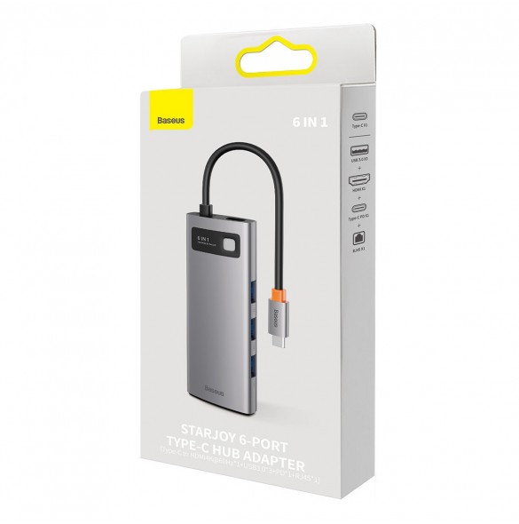 Baseus StarJoy HUB 6-portars USB-C - 3x USB-A / 1x HDMI / 1x RJ45 / 1x USB-C PD grå