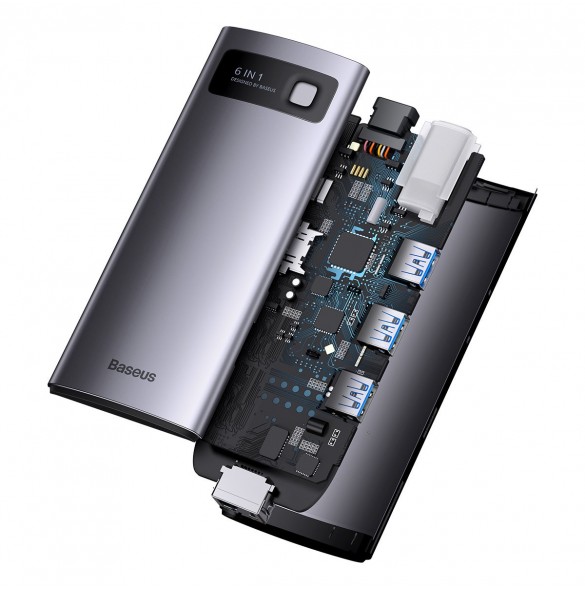 Baseus StarJoy HUB 6-portars USB-C - 3x USB-A / 1x HDMI / 1x RJ45 / 1x USB-C PD grå