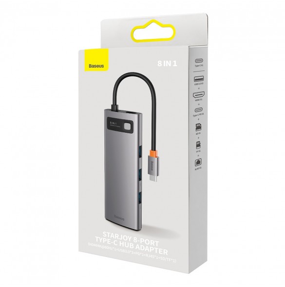 Baseus StarJoy HUB 8-portars USB-C - 3x USB-A / 1x HDMI / 1x RJ45 / 1x SD/TF / 1x USB-C PD grå