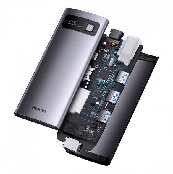 Baseus StarJoy HUB 8-portars USB-C - 3x USB-A / 1x HDMI / 1x RJ45 / 1x SD/TF / 1x USB-C PD grå