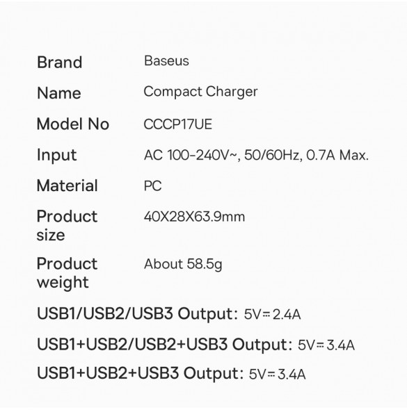 Baseus Compact laddare 3x USB 17W svart (CCXJ020101)