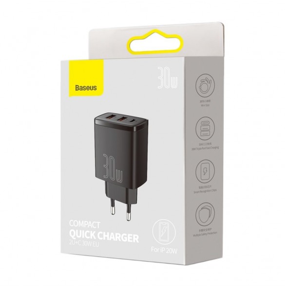 Baseus Kompakt snabbladdare 2x USB / USB Typ C 30W 3A Strömförsörjning Snabbladdning svart (CCXJ-E01)