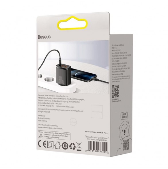 Baseus Kompakt snabbladdare 2x USB / USB Typ C 30W 3A Strömförsörjning Snabbladdning svart (CCXJ-E01)