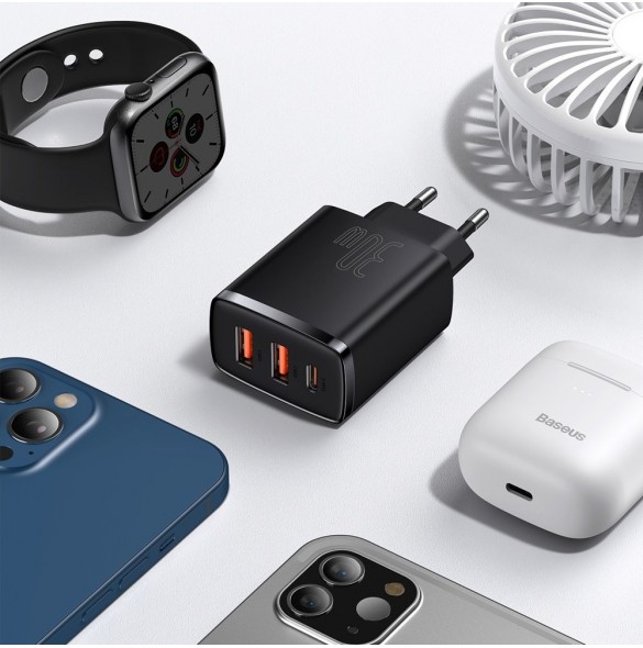 Baseus Kompakt snabbladdare 2x USB / USB Typ C 30W 3A Strömförsörjning Snabbladdning svart (CCXJ-E01)