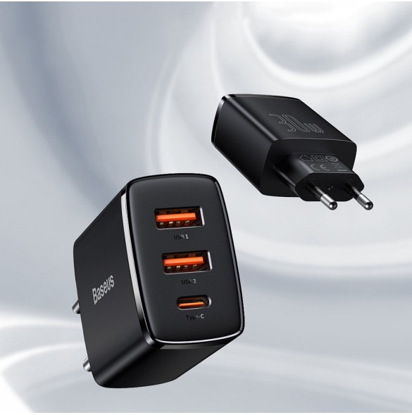 Baseus Kompakt snabbladdare 2x USB / USB Typ C 30W 3A Strömförsörjning Snabbladdning svart (CCXJ-E01)