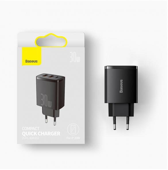 Baseus Kompakt snabbladdare 2x USB / USB Typ C 30W 3A Strömförsörjning Snabbladdning svart (CCXJ-E01)