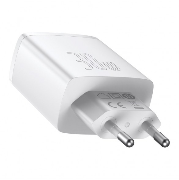 Baseus Kompakt snabbladdare 2x USB / USB Typ C 30W 3A Strömförsörjning Snabbladdning vit (CCXJ-E02)