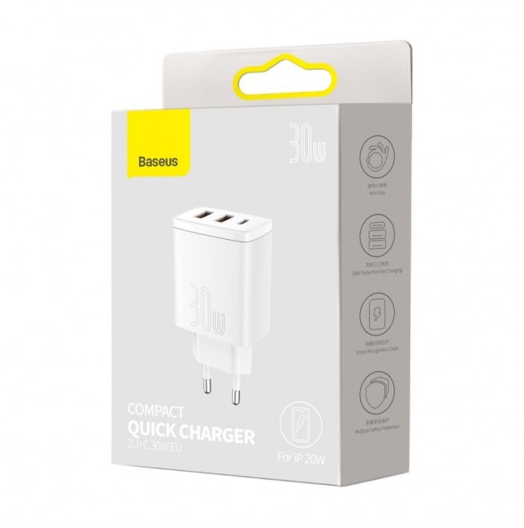 Baseus Kompakt snabbladdare 2x USB / USB Typ C 30W 3A Strömförsörjning Snabbladdning vit (CCXJ-E02)