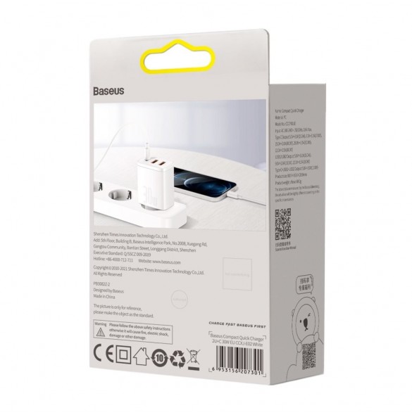Baseus Kompakt snabbladdare 2x USB / USB Typ C 30W 3A Strömförsörjning Snabbladdning vit (CCXJ-E02)