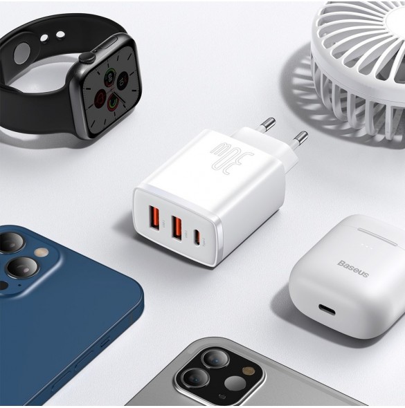 Baseus Kompakt snabbladdare 2x USB / USB Typ C 30W 3A Strömförsörjning Snabbladdning vit (CCXJ-E02)