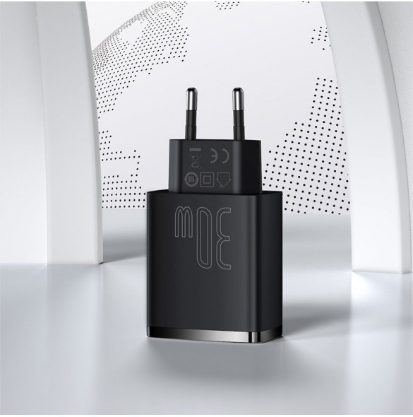 Baseus Kompakt snabbladdare 2x USB / USB Typ C 30W 3A Strömförsörjning Snabbladdning vit (CCXJ-E02)