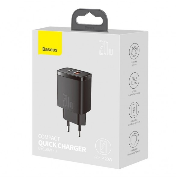 Baseus Kompakt snabbladdare USB / USB Typ C 20W 3A Power Delivery Quick Charge 3.0 svart (CCXJ-B01)