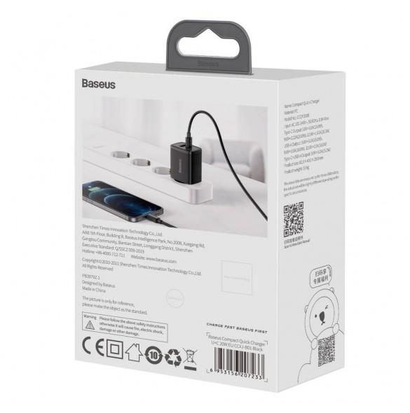 Baseus Kompakt snabbladdare USB / USB Typ C 20W 3A Power Delivery Quick Charge 3.0 svart (CCXJ-B01)