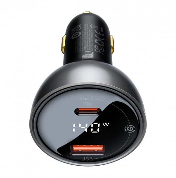 Baseus Digital Display Snabb Billaddare USB-A / USB-C PD3.1 140W svart + USB-C-kabel Baseus Superior Series 5A 240W 1m svart (CG