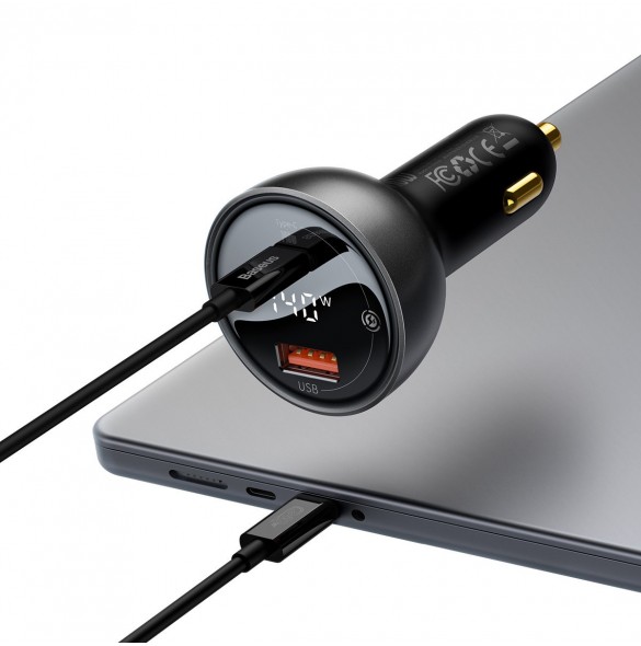 Baseus Digital Display Snabb Billaddare USB-A / USB-C PD3.1 140W svart + USB-C-kabel Baseus Superior Series 5A 240W 1m svart (CG