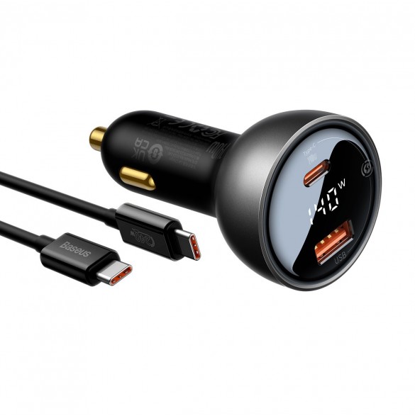 Baseus Digital Display Snabb Billaddare USB-A / USB-C PD3.1 140W svart + USB-C-kabel Baseus Superior Series 5A 240W 1m svart (CG