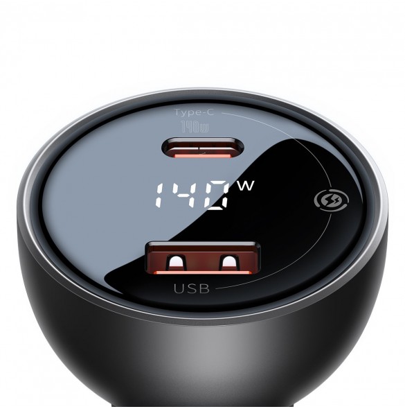 Baseus Digital Display Snabb Billaddare USB-A / USB-C PD3.1 140W svart + USB-C-kabel Baseus Superior Series 5A 240W 1m svart (CG