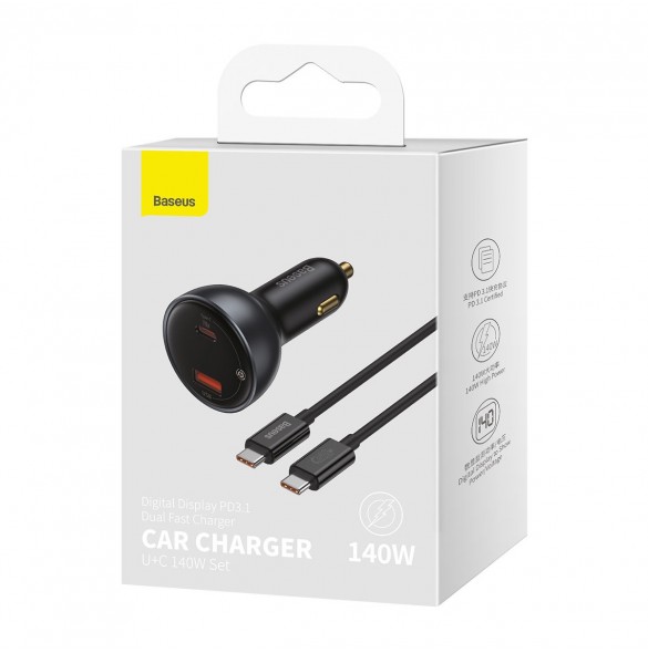 Baseus Digital Display Snabb Billaddare USB-A / USB-C PD3.1 140W svart + USB-C-kabel Baseus Superior Series 5A 240W 1m svart (CG