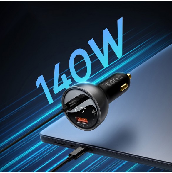 Baseus Digital Display Snabb Billaddare USB-A / USB-C PD3.1 140W svart + USB-C-kabel Baseus Superior Series 5A 240W 1m svart (CG