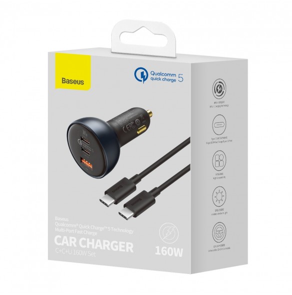 Baseus snabb billaddare USB / USB Typ C 160W PPS Quick Charge 5 PD grå (TZCCZM-0G)