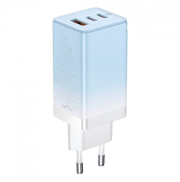 Baseus snabbladdare GaN 2 x USB Typ C / USB 65W QC PD blå (CCGP050103) + snabbladdningskabel USB Typ C 100W 1m blå