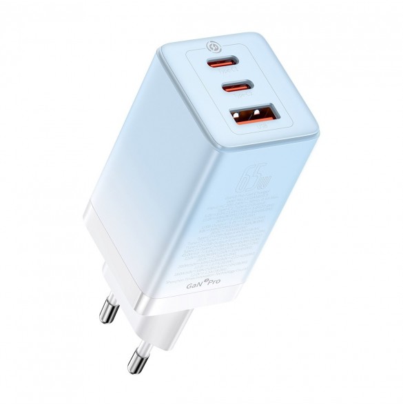 Baseus snabbladdare GaN 2 x USB Typ C / USB 65W QC PD blå (CCGP050103) + snabbladdningskabel USB Typ C 100W 1m blå
