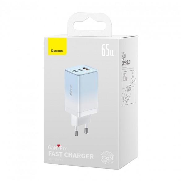 Baseus snabbladdare GaN 2 x USB Typ C / USB 65W QC PD blå (CCGP050103) + snabbladdningskabel USB Typ C 100W 1m blå