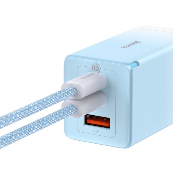 Baseus snabbladdare GaN 2 x USB Typ C / USB 65W QC PD blå (CCGP050103) + snabbladdningskabel USB Typ C 100W 1m blå