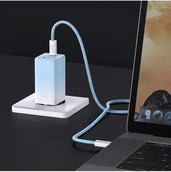 Baseus snabbladdare GaN 2 x USB Typ C / USB 65W QC PD blå (CCGP050103) + snabbladdningskabel USB Typ C 100W 1m blå