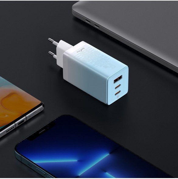 Baseus snabbladdare GaN 2 x USB Typ C / USB 65W QC PD blå (CCGP050103) + snabbladdningskabel USB Typ C 100W 1m blå