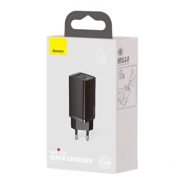 Baseus GaN2 Lite snabbladdare 65W USB / USB Typ C Quick Charge 3.0 Power Delivery (galliumnitrid) svart (CCGAN2L-B01)