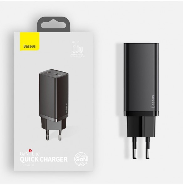 Baseus GaN2 Lite snabbladdare 65W USB / USB Typ C Quick Charge 3.0 Power Delivery (galliumnitrid) svart (CCGAN2L-B01)