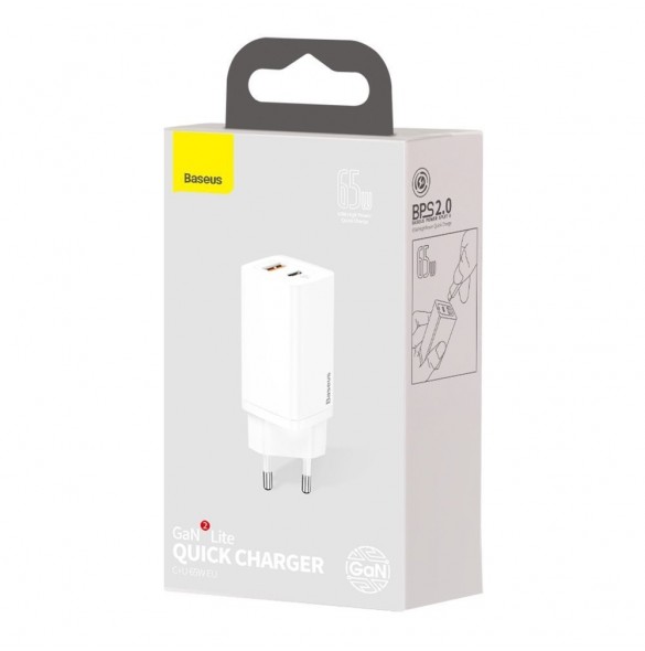 Baseus GaN2 Lite snabbladdare 65W USB / USB Typ C Quick Charge 3.0 Power Delivery (galliumnitrid) vit (CCGAN2L-B02)