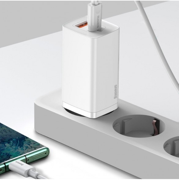 Baseus GaN2 Lite snabbladdare 65W USB / USB Typ C Quick Charge 3.0 Power Delivery (galliumnitrid) vit (CCGAN2L-B02)