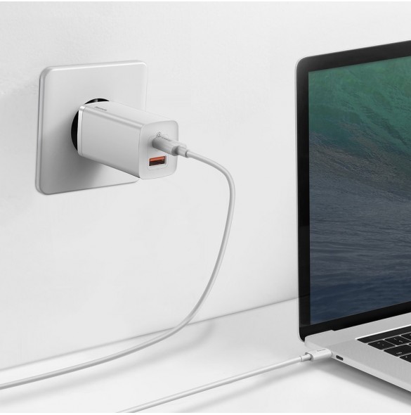Baseus GaN2 Lite snabbladdare 65W USB / USB Typ C Quick Charge 3.0 Power Delivery (galliumnitrid) vit (CCGAN2L-B02)