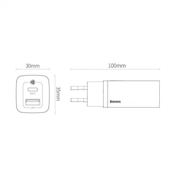 Baseus GaN2 Lite snabbladdare 65W USB / USB Typ C Quick Charge 3.0 Power Delivery (galliumnitrid) vit (CCGAN2L-B02)