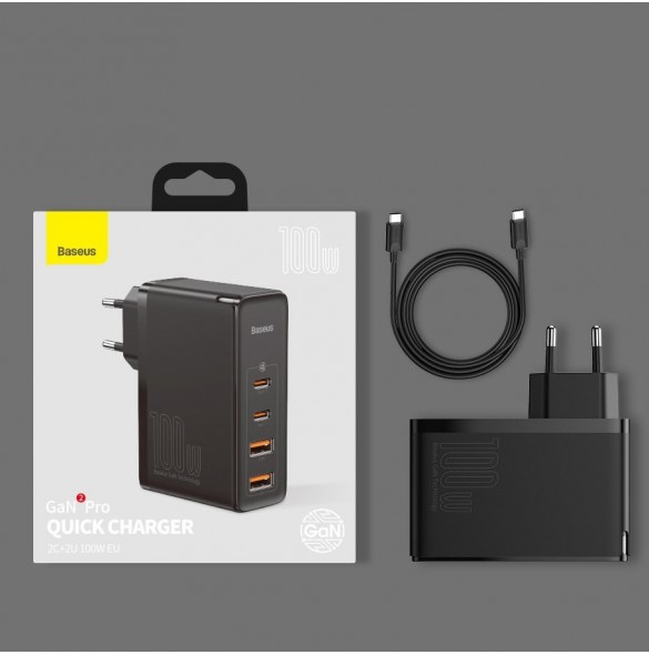 Baseus GaN2 Pro snabbladdare 100W USB / USB Typ C Snabbladdning 4+ Strömförsörjning svart (CCGAN2P-L01)