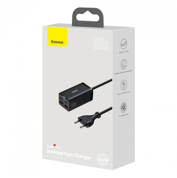 Baseus GaN3 Pro snabb universal GaN-laddare 2 x USB Typ C / 2 x USB 100W PD3.0, QC4.0 +, AFC svart (CCGP000101)