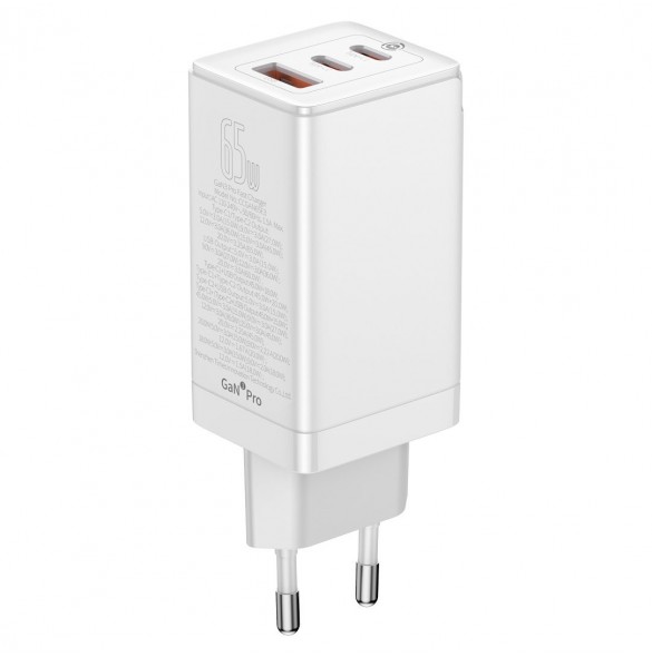 Baseus GaN3 Pro snabb universal GaN-laddare 2 x USB Typ C / USB + kabel USB Typ C - USB Typ C 65W PD3.0, QC4.0 +, AFC vit (CCGP0