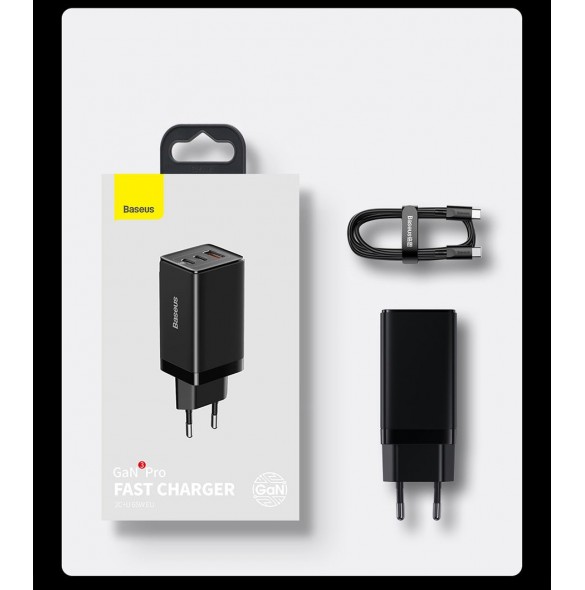 Baseus GaN3 Pro snabb universal GaN-laddare 2 x USB Typ C / USB + kabel USB Typ C - USB Typ C 65W PD3.0, QC4.0 +, AFC vit (CCGP0