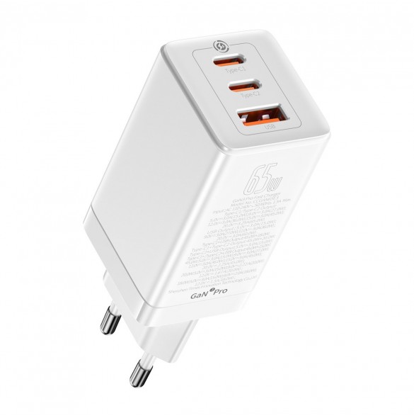 Baseus GaN3 Pro snabb universal GaN-laddare 2 x USB Typ C / USB + kabel USB Typ C - USB Typ C 65W PD3.0, QC4.0 +, AFC vit (CCGP0